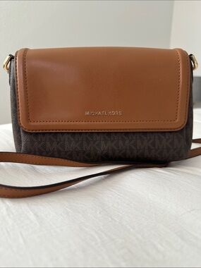 Michael Kors Brown Monogram and Tan Leather Crossbody